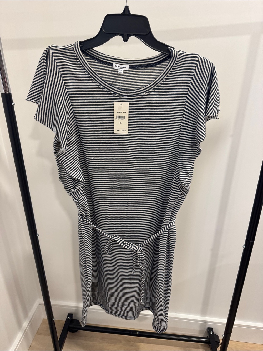 Splendid Navy and White Striped Tie-Waist Midi Dress